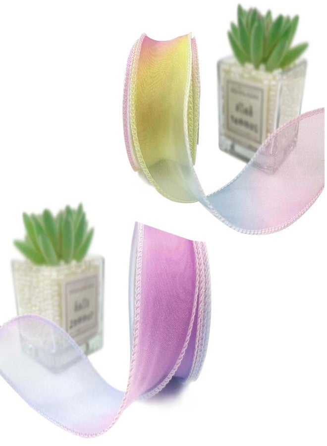 Aeenioy 2 PCS Ribbon Roll, Organza Ribbon for Gift Wrapping, Craft Material, Pink Blue and Pink Yellow, Ideal for Decoration, DIY Crafts, and Hair Accessories - Image 1